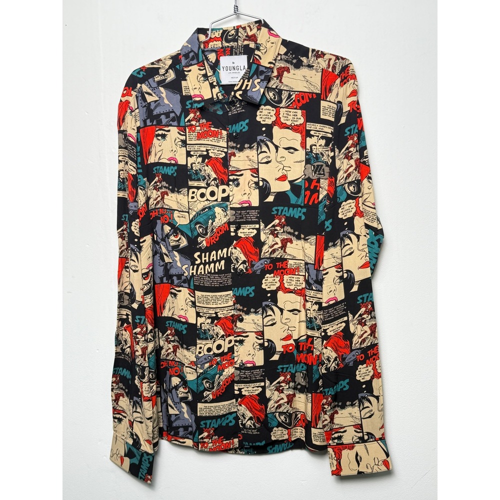 YoungLA Mens Comic Book Pop Art Graphic Button Up Long Sleeve Shirt Medium NWT